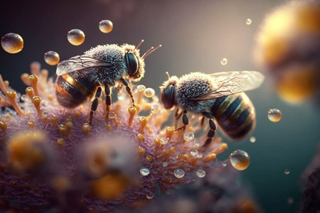 A bees collects honey on flowers on nature. Closeup of a honey bee feeding nectar. Multicolored flowering summer meadow. golden lush blooming. wildflower meadow with wild herbs and flowers.の素材
