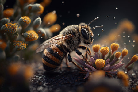 A bees collects honey on flowers on nature. Closeup of a honey bee feeding nectar. Multicolored flowering summer meadow. golden lush blooming. wildflower meadow with wild herbs and flowers.の素材