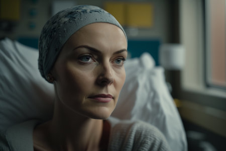 oncology. cancer cells. Chemotherapy. Portrait patient feels optimistic, supports sick people, volunteers. Faith in the future. Fighting to win. treatment and recovery. .の素材