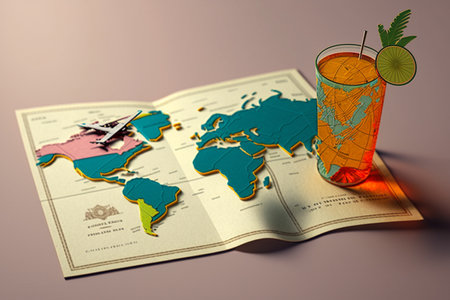 Colorful concept of summer holidays and holidays. Time for rest and leisure, weekends and vacations, entertainment planning, trips, travels. Pleasure. Assembling things, accessories for the trip.の素材