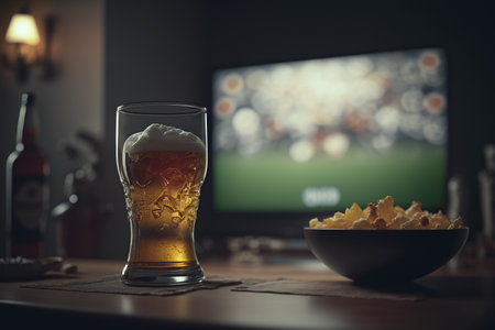 TV, television watching football match with snacks and alcohol. relax in front of the TV. A fan match play off. a plate of potato chips mug of beer on the table. popcorn drinks.の素材