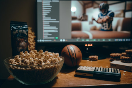 TV, television watching football match with snacks and alcohol. relax in front of the TV. A fan match play off. a plate of potato chips mug of beer on the table. popcorn drinks.の素材