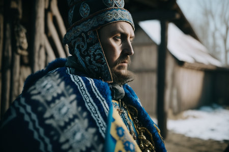 Culture of Ukraine, authenticity, uniqueness, independence and endurance. Local things, clothes, terrain. Yellow Ukrainian symbols, villages. High quality Generative AI.の素材