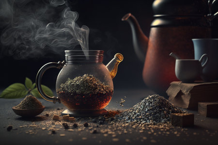 A deliciously hot and playful cup of organic tea made from quality and fresh leaves with great serving and creative design and decor. .High quality 3d illustrationの素材