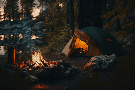 Vacation weekend in nature with a backpack. Sunset in the woods. Mountain landscape travel lifestyle camping. Summer trip in nature. Relaxing and lying in a sleeping bag in a tent.の素材