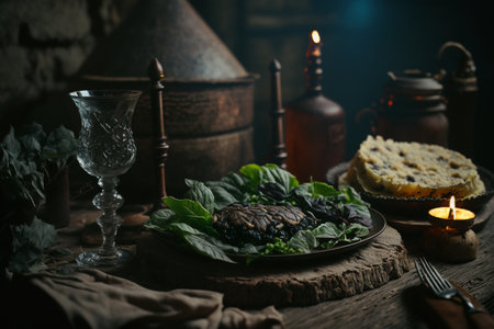 A set of local authentic delicious Georgian cuisine food, beautiful decoration, cozy place. high quality 3d illustrationの素材