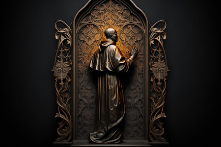 The priest absolves the parishioner in the confessional in the church. Faith, religion, comfort, pastor. Catholic in cassock holding cross in booth. Bible and listening to confessionの素材