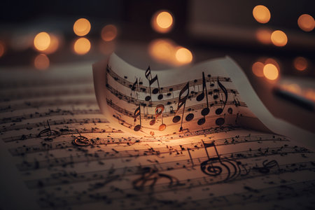 The concept of an eternal theme about the eternity of music. Musical instruments, good mood, ascended aspiration, action, treble clef, sheet music. high quality 3d illustrationの素材