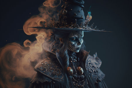 Witch with making witchcraft, magic spells, hat conjuring. Spooky dark magic forest. magician. Wide Halloween party art design. Terrifying scary character, beautiful sorceress.の素材