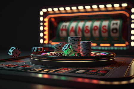 Online casino layout concept, playing cards, dice chips. Online poker, roulette, sports betting, soccer. Vegas Gambling. slot machine. creative decorationsの素材
