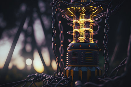 electrical connection. Energy infrastructure, supply distribution of energy, , transmission, high voltage supply, plasma power, High power electricity poles in urban area connected to smart gridの素材