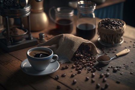 Delicious hot and playful organic cup of coffee with quality and fresh beans with excellent serving and creative design and decor. high quality 3d illustrationの素材