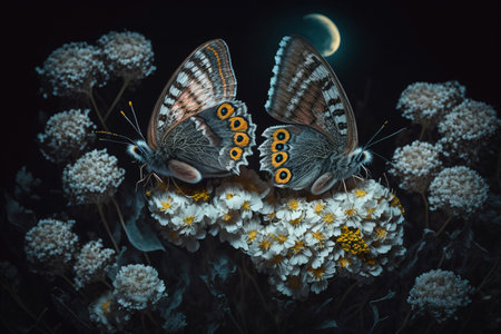 A unique and creative collection of beautiful moths and butterflies. Delicate flight. Wonderful meadow of flowers, morning dew, cute insects, wings, moon nature, sunlightの素材