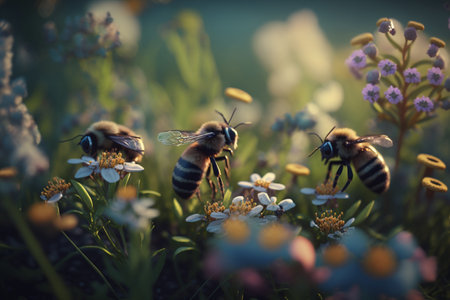 A bees collects honey on flowers on nature. Closeup of a honey bee feeding nectar. Multicolored flowering summer meadow. golden lush blooming. wildflower meadow with wild herbs and flowers.の素材