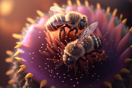 A bees collects honey on flowers on nature. Closeup of a honey bee feeding nectar. Multicolored flowering summer meadow. golden lush blooming. wildflower meadow with wild herbs and flowers.の素材
