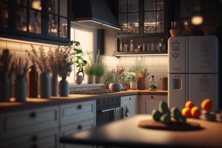 Kitchen in luxury home. interior design of modern. empty room, design, decorative, serving. banner. apartment for sale and rent real estate, simply, scandinavian, minimalist interior.の素材
