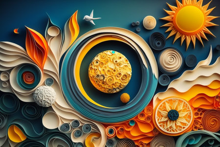 abstract paper quilling space, spacetime and constellations, stars and planets. Creative and beautiful patterns of celestial bodies. Sun, moon, earthの素材