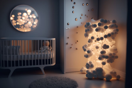 Cozy and modern beautiful room for little kids and teenagers living. Children's room, modern design, creative layout, toys and study attributes. Cribs, bright window. child, baby. interior.の素材