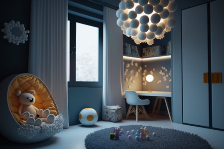 Cozy and modern beautiful room for little kids and teenagers living. Children's room, modern design, creative layout, toys and study attributes. Cribs, bright window. child, baby. interior.の素材