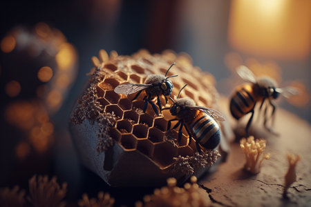 creative and gorgeous sets of sweet and fresh honey, bees and honeycomb. Proper nutrition, natural sugar substitute, ecological fructose, healthy living. flowers of the meadow.の素材