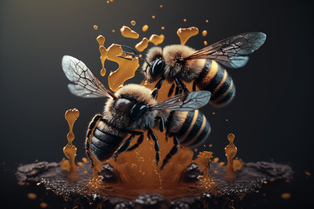 creative and gorgeous sets of sweet and fresh honey, bees and honeycomb. Proper nutrition, natural sugar substitute, ecological fructose, healthy living. flowers of the meadow.の素材