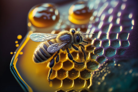 creative and gorgeous sets of sweet and fresh honey, bees and honeycomb. Proper nutrition, natural sugar substitute, ecological fructose, healthy living. flowers of the meadow.の素材