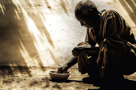 Hunger Poor Poverty. Social inequality, homeless or beggar begging for help sitting at dirty slum, human rights, donate and charity for underprivileged children in the third world.の素材