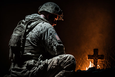 the horrors of war. The day that changed everything. Nothing will ever be the same. Destruction, death, loneliness, loss. combat gear in a battle field, symbolizing the horrors of war.の素材