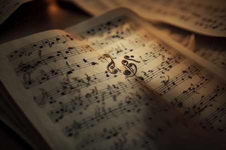 The concept of an eternal theme about the eternity of music. Musical instruments, good mood, ascended aspiration, action, treble clef, sheet music. high quality 3d illustrationの素材