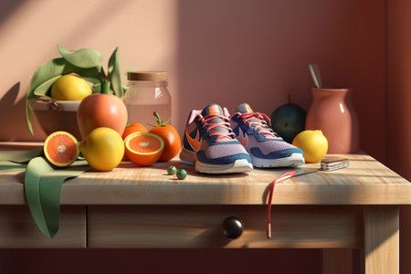 Healthy lifestyle, proper nutrition, diet, health support, good food, exercise, striving. Fitness Heart sports and gym. Motivation. good mood and attitude. habits. Vegetables and fruitsの素材