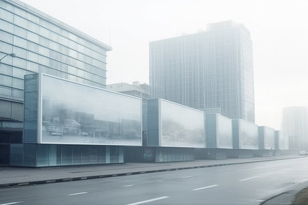 billboards and advertising signs at modern buildings in capital city, future, urbanist, science fiction, advertising banners mocap fantasy Blank marketing display board in modern city.の素材