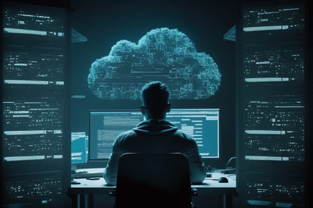 linking computer to cloud with server, connection Online, cloud storage, contact, computing, Devices connected to storage in the data center , tablet, phone home devices with online.の素材