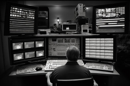 Coverage of events, programs. News production, journalists correspondents. Studio, information. TV Live Reporting Television Cable Channel Newsroom: Anchorwoman Talks Broadcasting Networkの素材