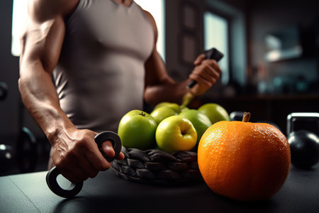 Healthy eating tips. food balance with proper nutrition proportions. Plan your meal. Healthy balanced food and dieting concept, fitness and sport eat, nutrition. fruit vegetables water.の素材