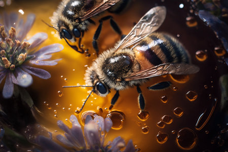 A bees collects honey on flowers on nature. Closeup of a honey bee feeding nectar. Multicolored flowering summer meadow. golden lush blooming. wildflower meadow with wild herbs and flowers.の素材