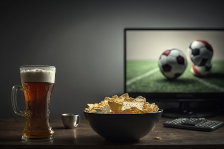 TV, television watching football match with snacks and alcohol. relax in front of the TV. A fan match play off. a plate of potato chips mug of beer on the table. popcorn drinks.の素材