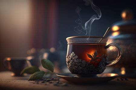 A deliciously hot and playful cup of organic tea made from quality and fresh leaves with great serving and creative design and decor. .High quality 3d illustrationの素材
