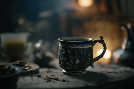 A deliciously hot and playful cup of organic tea made from quality and fresh leaves with great serving and creative design and decor. .High quality 3d illustrationの素材