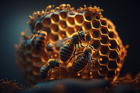creative and gorgeous sets of sweet and fresh honey, bees and honeycomb. Proper nutrition, natural sugar substitute, ecological fructose, healthy living. flowers of the meadow.の素材