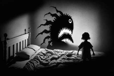 Children's sleep problem. Sleep fears. nightmares, scary dreams, children's room, gloomy dark atmosphere, children's bed, monsters over the bed,の素材