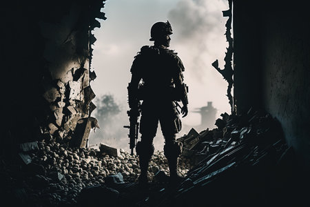 the horrors of war. The day that changed everything. Nothing will ever be the same. Destruction, death, loneliness, loss. combat gear in a battle field, symbolizing the horrors of war.の素材