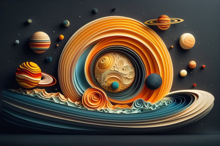 abstract paper quilling space, spacetime and constellations, stars and planets. Creative and beautiful patterns of celestial bodies. Sun, moon, earthの素材
