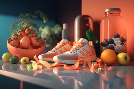 Healthy lifestyle, proper nutrition, diet, health support, good food, exercise, striving. Fitness Heart sports and gym. Motivation. good mood and attitude. habits. Vegetables and fruitsの素材