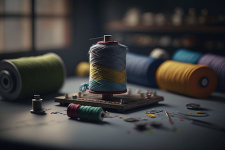 Tailor or dressmaker work and fashion designer atelier sketch items. sewing machine or seamstress pattern cut and dress fitting dummy mannequin with thread, needle or thimble and iron.の素材