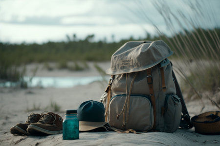 Colorful concept of summer holidays and holidays. Time for rest and leisure, weekends and vacations, entertainment planning, trips, travels. Pleasure. Assembling things, accessories for the trip.の素材