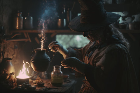 Witch with making witchcraft, magic spells, hat conjuring. Spooky dark magic forest. magician. Wide Halloween party art design. Terrifying scary character, beautiful sorceress.の素材