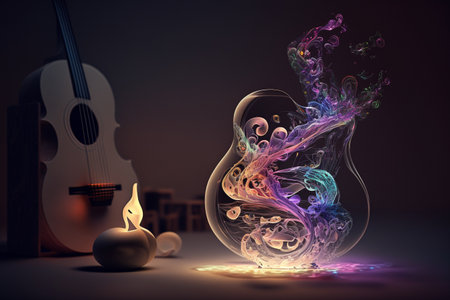 The concept of an eternal theme about the eternity of music. Musical instruments, good mood, ascended aspiration, action, treble clef, sheet music. high quality 3d illustrationの素材