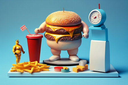 fast food problem of being overweight. Improper diet, junk food, unhealthy habits. Overweight problem, fat people, big belly, extra calories, diet. Burger Fat Proper nutrition.の素材