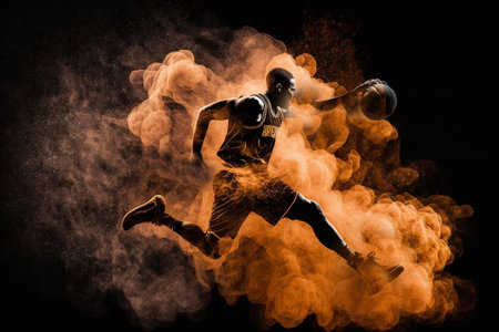 image of jumping basketball player with ball, view of dust and smokeの素材