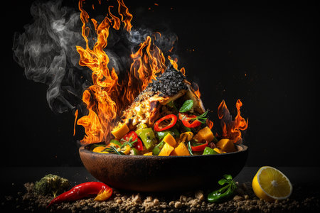 Cooking delicious food on a campfire, creative, fresh cuisine, barbecue, vegetables and fruits on the grill. Generative AI.の素材